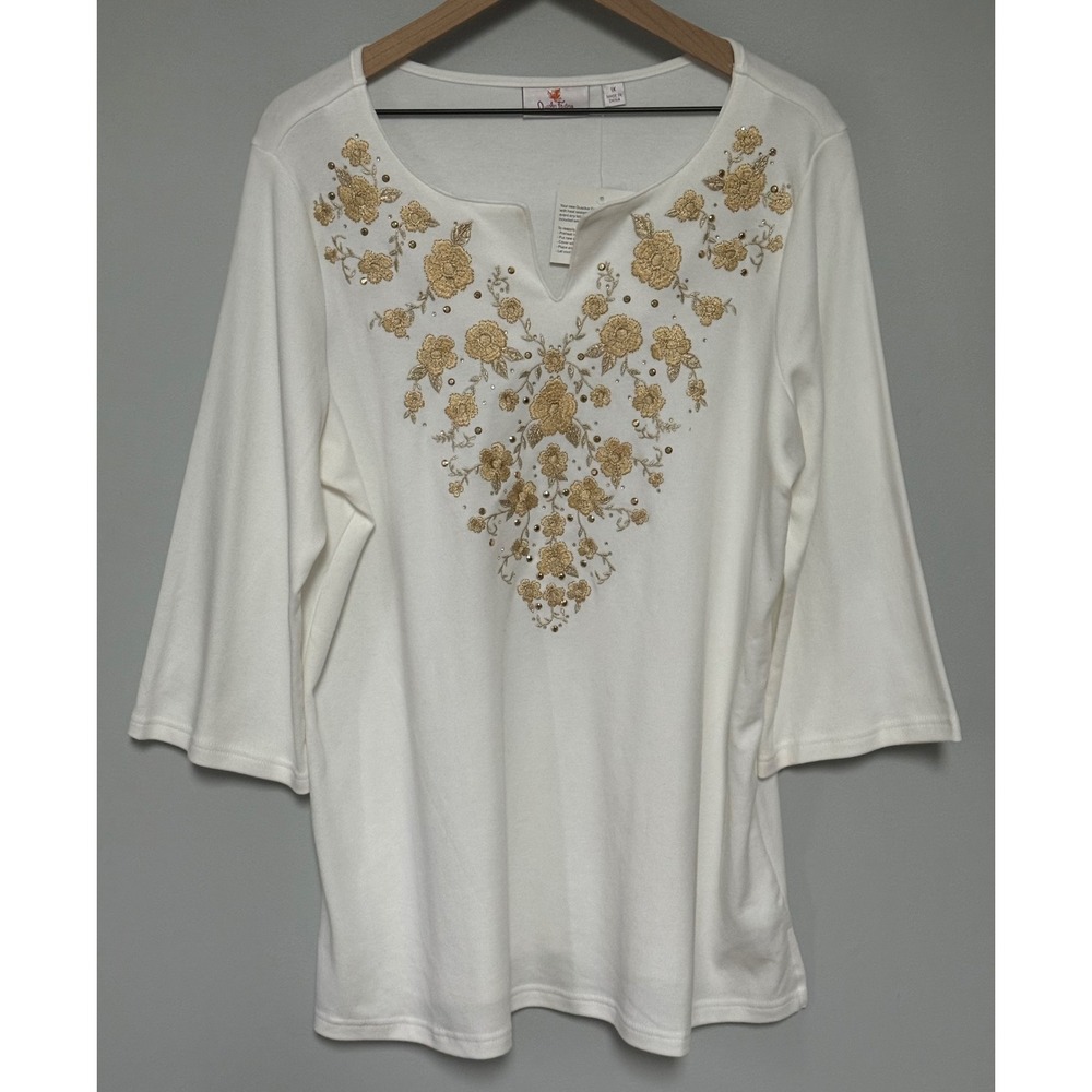 Quacker Factory Embroidered Floral Rhinestone Top 3/4 Sleeve White Gold‎ 1X NEW